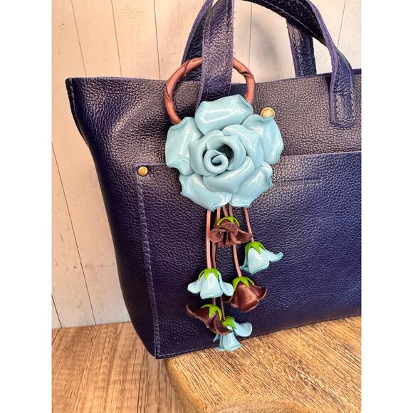 West Hills Studio Handbags - Leather Rose Purse Charm Genuine Leather Blue Flower Bag Charm NEW FAST SHIP